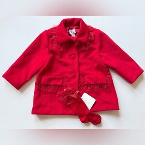 Nanan Girls Red Holiday Jacket with Sparkle Tulle Ruffles & Matching Socks - 12M